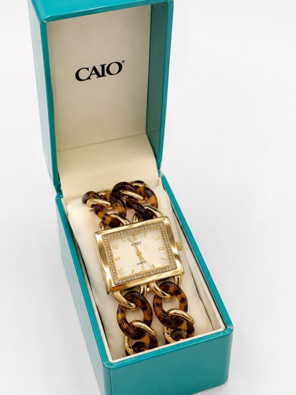 CATO Gold Tone Chain Link Watch Tortoise Bracelet Like New w/ Box